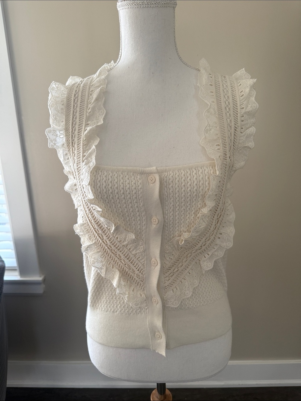 Anthropologie Cream Ruffled Knit Button-Front Camisole